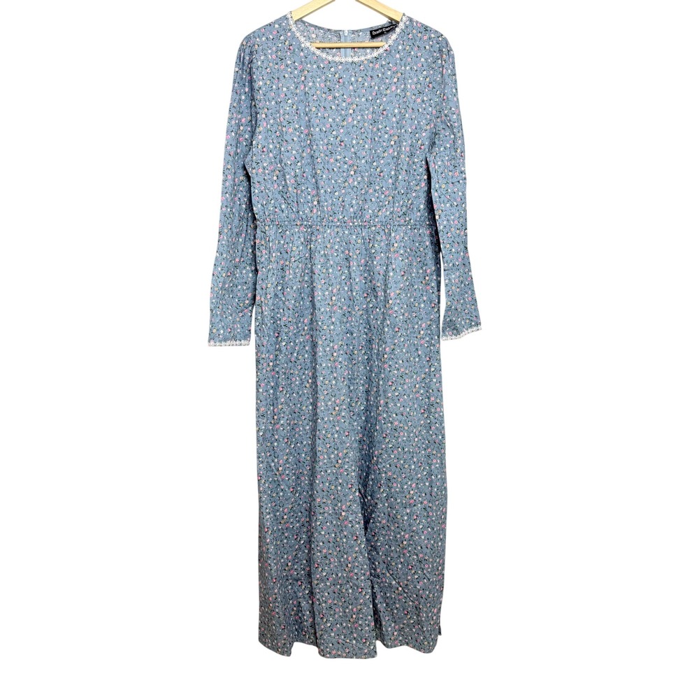 Scarlet Darkness Blue Floral Maxi Dress Lace Trim Cottagecore Prairie XL NEW